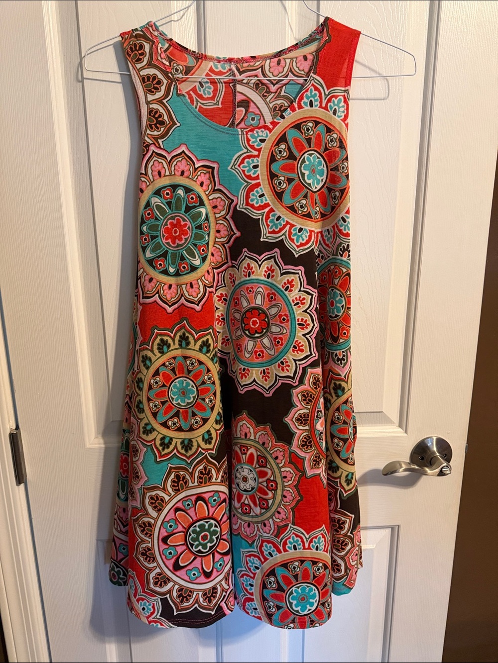 A-Line Printed Skirt in Red and Teal with pockets